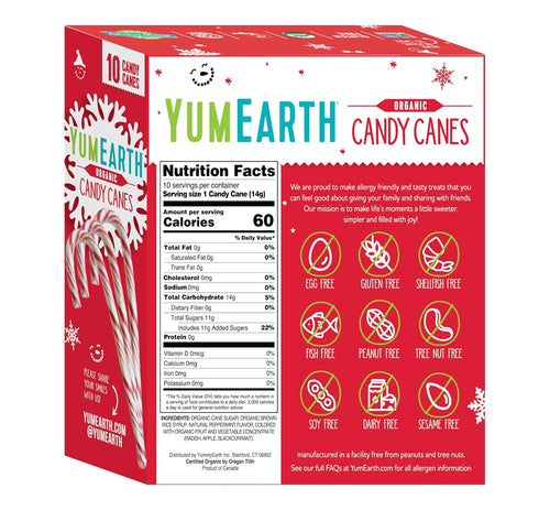 YumEarth Organic Candy Canes - Full Size Peppermint, Individually Wrapped, Allergy Friendly, Vegan - 10 Count (Pack of