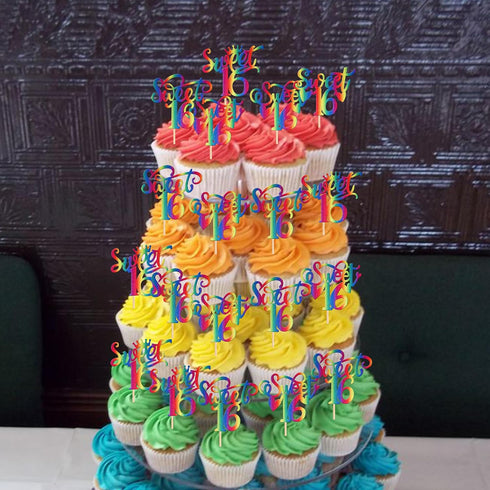 24 16 16th 16 16th PCS Sweet Cupcake Toppers with Heart Sixteen Happy Birthday Cupcake Picks Cheers to Years Birthday