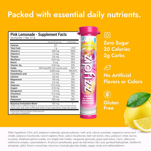 Zipfizz Daily Energy Drink Powder, Pink Lemonade, 12 Pack | Sugar-Free Electrolyte Powder