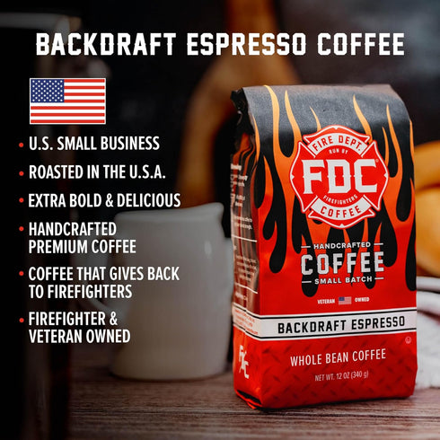 12 oz Fire Department Coffee - Gives Back to Firefighters - Backdraft Espresso Coffee Beans - Smooth & Rich - Roasted