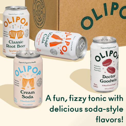 4-Flavor Pack, (12oz, 12-Pack) OLIPOP - Sparkling Tonic Retro Greatest Hits Variety Prebiotic Soda Sampler, Rich