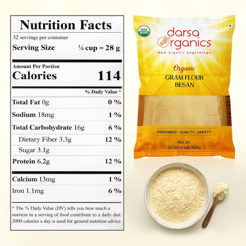 2 lb Darsa Organics Gram Flour - Besan, Premium Grade USDA Organic Certified Chickpea Flour for Baking, Cooking & Skin