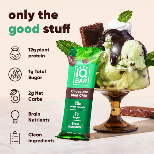 24 Count IQBAR Clean Plant Protein Bars - Chocolate Mint Chip - - Keto, Vegan, High Fiber, Gluten and Dairy Free, Low