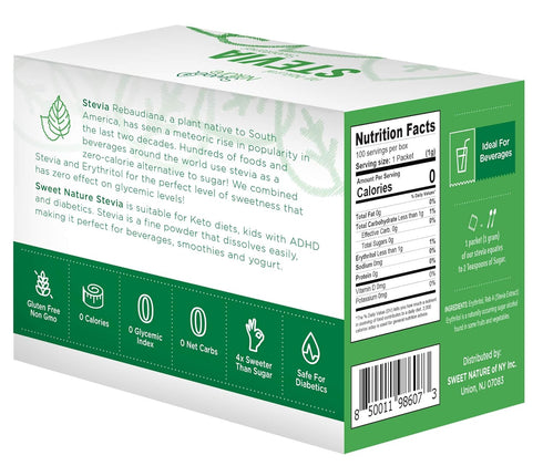 Sweet Nature Stevia Erythritol Sweetener Powder, Keto Sugar Substitute for Diabetics, Vegan, Low Carb, 100 Packets