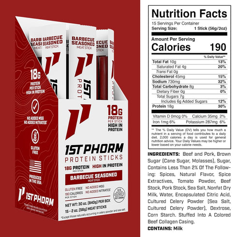 1st 18g 15 Count Phorm Meat Sticks, Seasoned BBQ Protein Snacks, Protein Per Serving, Pork & Beef Sticks, Healthy