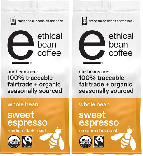 Ethical Bean Fairtrade Organic Coffee, Whole Bean Espresso Coffee (12 Oz Bag),