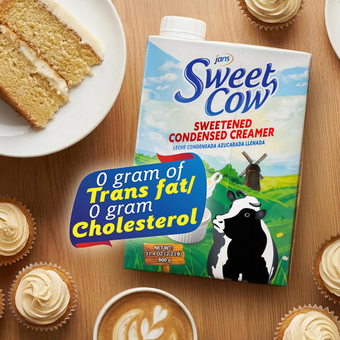 31.4 oz Jans Sweet Cow Sweetened Condensed Milk Resealable Tetrapak, Shelf Stable Creamy Coffee Creamer for Baking