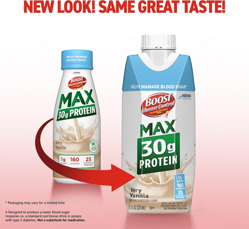30g 11 Oz (Pack 12), Packaging BOOST Glucose Control Max Protein Nutritional Drink, Very Vanilla, Fl of May Vary