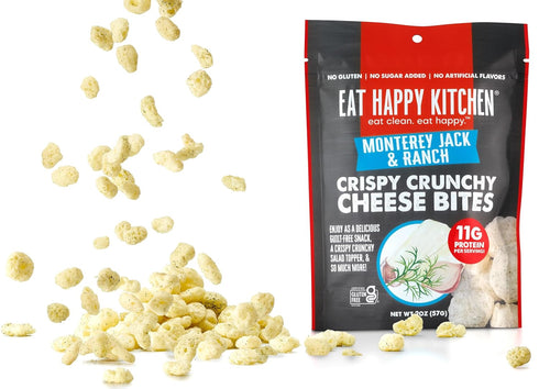 Eat Happy Kitchen 2 oz (Pack 3) 11g Crispy Cheese Bites, Monterey Jack & Ranch, of Crunchy Real Cheese Snack Protein