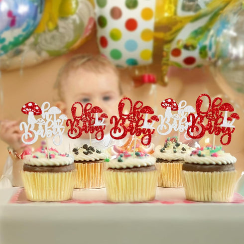 Ephlyn 24Pcs Mushroom Oh Baby Cupcake Toppers Glitter Mushroom Baby Shower Cake Topper Decorations for Spring Mushroom