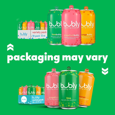 3 Pack 12 Oz (Pack 18) bubly Sparkling Water, Tropical Thrill Flavor Variety (Lime, Grapefruit, Mango), Zero Sugar