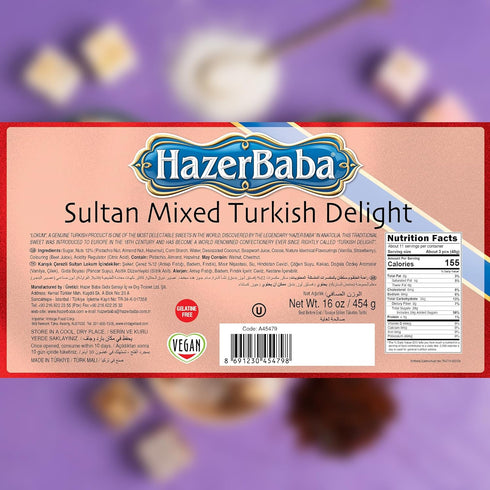 16oz (454g) Hazer Baba Sultan Turkish Delight Candy with Pistachio, Almond, Hazelnut & Coconut Dusted, Gourmet Snack