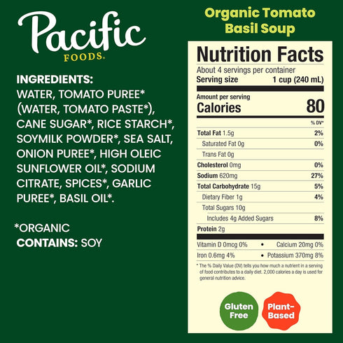 32 oz Pacific Foods Organic Tomato Basil Soup, Carton
