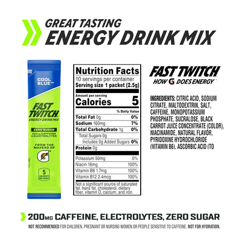0.08oz Packets, 10 Pack, Fast Twitch Energy Drink Mix from Gatorade Powder Sticks, Cool Blue, Zero Sugar, Caffeine