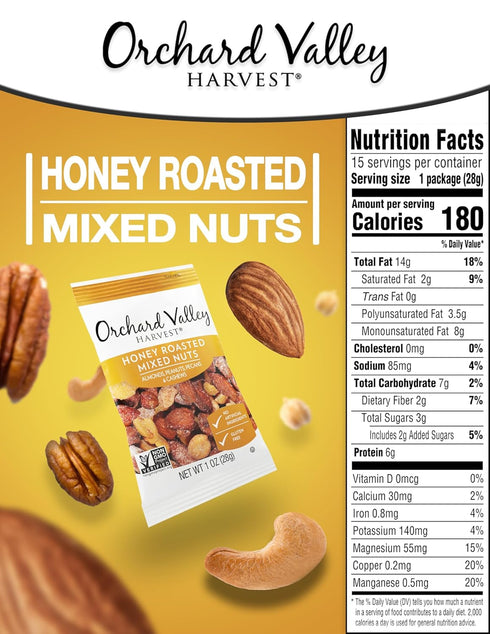 Orchard Valley Harvest Honey Roasted Mixed Nuts, 1 Ounce Bags Pack of 15, Gluten Free Non-GMO