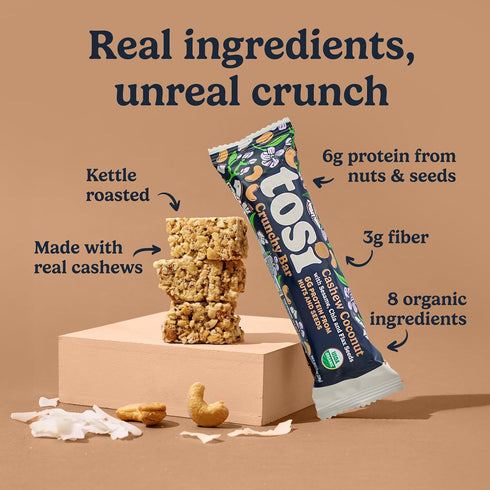 (6G 3s, 1oz, 12-Pack Tosi Nut Bars, Cashew Coconut, Healthy Snacks for Adults & Kids, Plant Based Crunchy Bars
