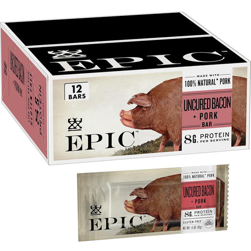 EPIC Uncured Bacon and Pork Bars, Paleo Friendly, Protein Snacks, 12 Ct,