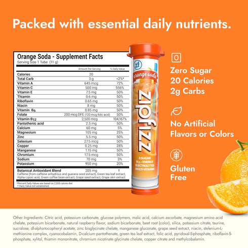Zipfizz Daily Energy Drink Powder, Orange Soda, 12 Pack; Sugar-Free Electrolyte Powder with Essential Vitamins