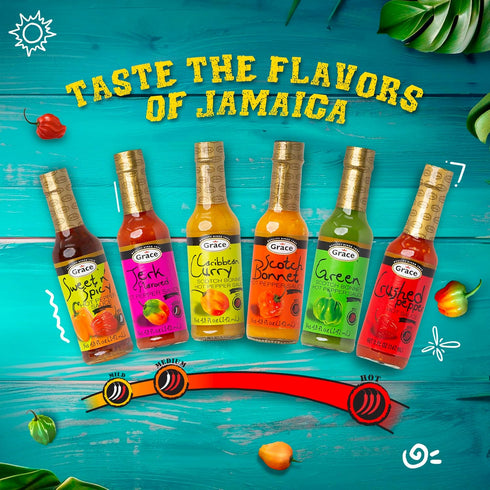 Pack 3 Grace Hot Pepper Sauce Hot - Assorted Flavors- Yellow Scotch Bonnet, Green Scotch Bonnet, Red Crushed Pepper