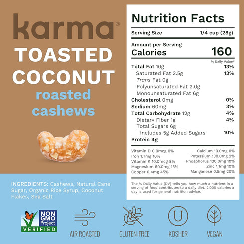 7oz Toasted Coconut Air Roasted Whole Cashews by Karma Nuts, Lightly Sweetened, Peanut-Free Facility, Kosher, Everyday