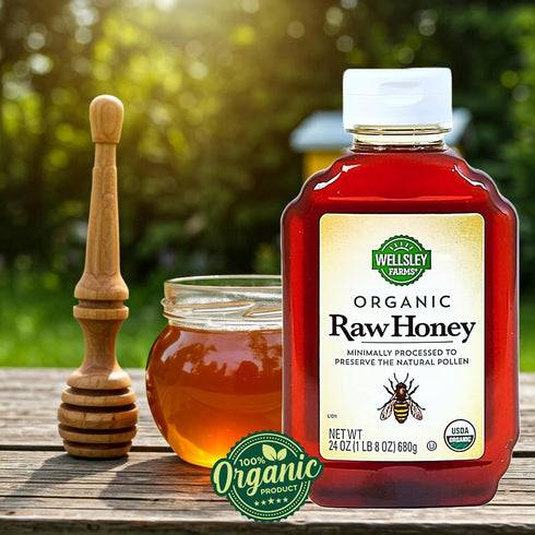Wellsley Farms 100% 24 oz Organic Raw Honey, Pure, USDA Certified Bottle.
