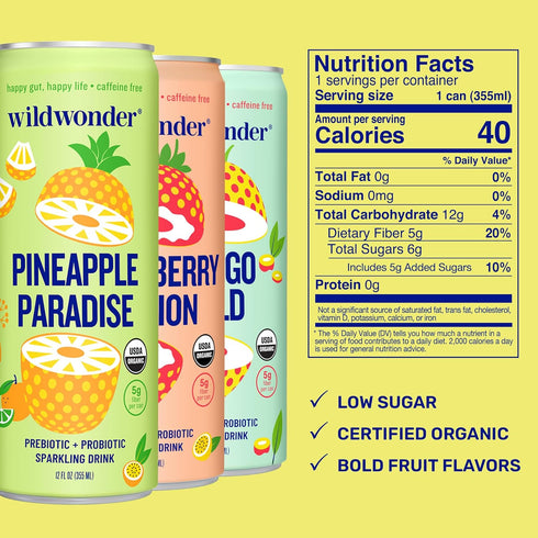 12pk, Immune 5g 12Pack, 12oz wildwonder Sparkling Probiotic Drink For Gut Health & Support, Tropical Vibes Variety