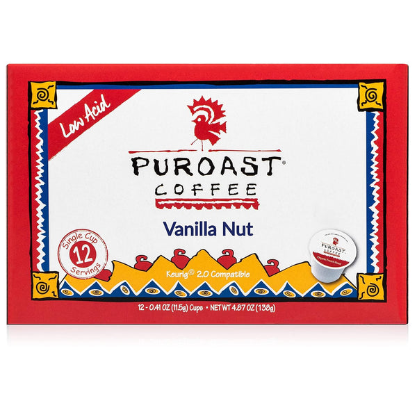 Puroast Low Acid Coffee Vanilla Single Serve Pods - Medium Roast, 12 Count, Compatible with Keurig Brewer