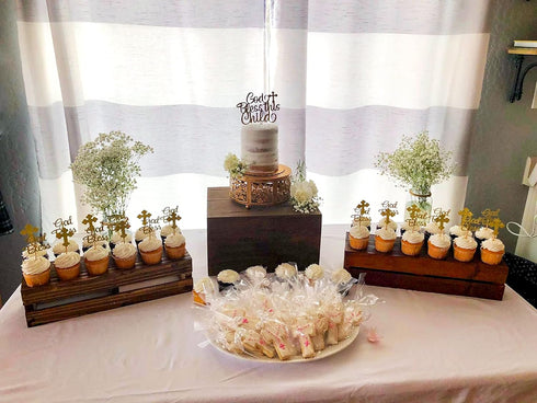 JeVenis 25 PCS Glittery Gold Bless this Child Cross & Cake Toppers for Baptism Decorations