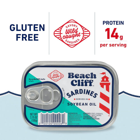 3.75 oz (Pack 12) 13g Beach Cliff Wild Caught Sardines in Soybean Oil, Can of - Protein per Serving - Gluten Free, Keto