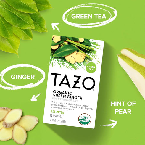 16 TAZO Organic Green Tea, Green Ginger, Caffeinated Tea, Total Bags