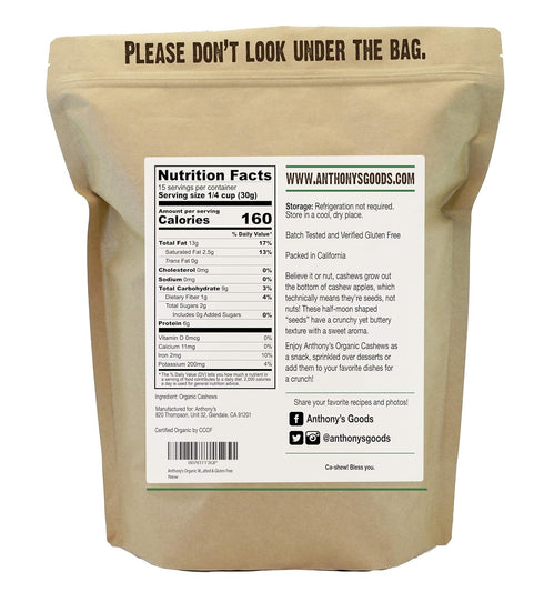 1 lb, Anthony's Organic Whole Cashews, Raw, Unsalted & Gluten Free
