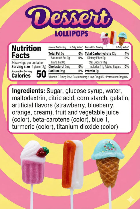 24ct, Dessert Lollipops Candy Milkshake, Ice Cream, and Popsicle, Strawberry Cream, Orange Cream, and Blueberry Cream