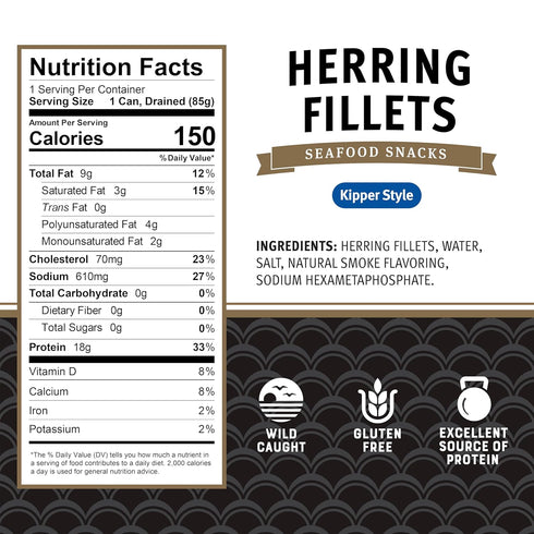 3.53 oz (Pack 12) 18g Brunswick Boneless Kipper Style Herring Fillets, Can of - Protein per Serving - Gluten Free, Keto