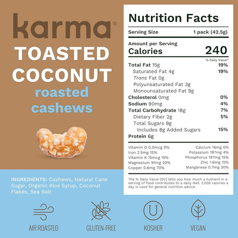 1.5 (12 Packs) Toasted Coconut Cashews by Karma Nuts, Whole, Sweet, Roasted, Vegan, Gluten Free, Low Net Carb, Natural