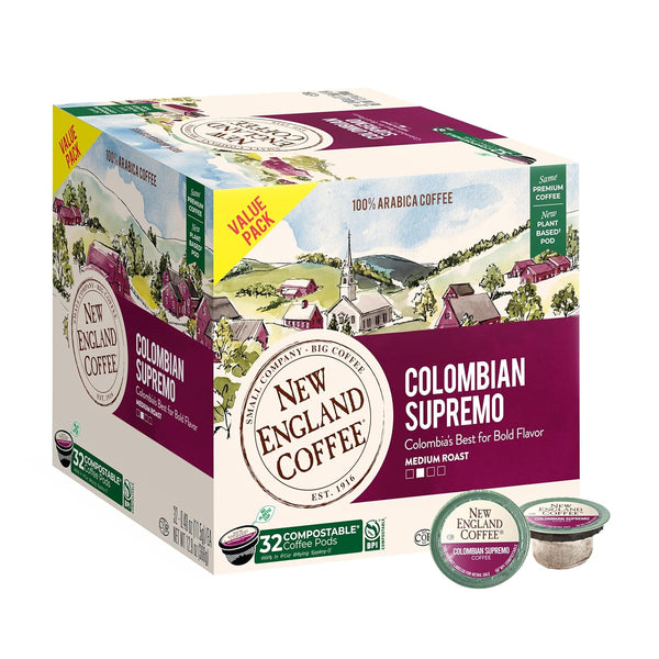 New England Coffee Colombian Supremo Medium Roast Single Serve Pods, 32ct Box