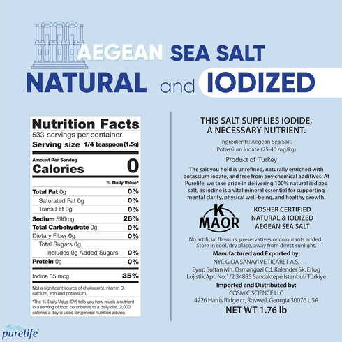 1.76 lbs Purelife Iodized Organic Sea Salt Fine Ground Unrefined Kosher Sea Salt for Cooking & Baking | Aegean