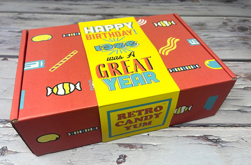 1986 40th Retro Childhood Candy Gift Basket Box Assortment for Birthday Man or Woman Jr