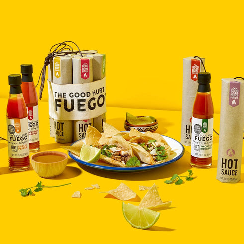 Set Packaging, Pack, Set 7 The Good Hurt Fuego, Hot Sauce Sampler Gift in Original Flavors Includes Habanero, Ghost
