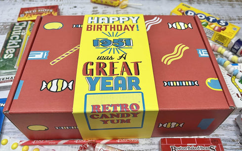 1951 75th 75 1951 RETRO CANDY YUM ~ Birthday Box Nostalgic Candy Mix from Childhood for Year Old Man or Woman Born Jr