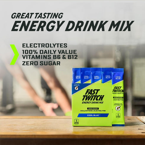 0.08oz Packets, 10 Pack, Fast Twitch Energy Drink Mix from Gatorade Powder Sticks, Cool Blue, Zero Sugar, Caffeine
