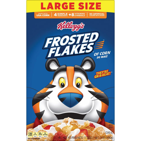 8 17.3oz (1 Frosted Flakes Breakfast Cereal, Vitamins and Minerals, Kids Snacks, Large Size, Original, Box Box)