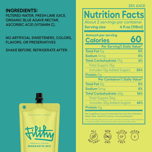 100% 8 Oz 6 Pack Filthy Margarita Mix, Premium Cocktail Mixer, All-Natural, Non-GMO, Vegan & Gluten-Free, Made