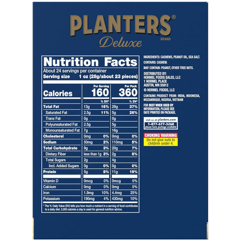 2.25 oz (12 Pack) PLANTERS Deluxe Cashews, Party Snacks, Plant-based Protein, bag