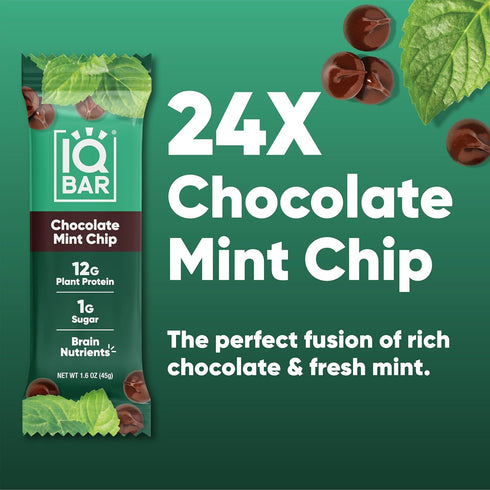 24 Count IQBAR Clean Plant Protein Bars - Chocolate Mint Chip - - Keto, Vegan, High Fiber, Gluten and Dairy Free, Low