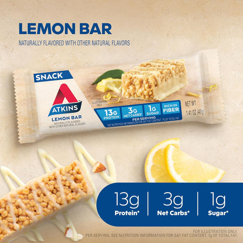 16 Count Atkins Lemon Flavored Snack Bar, High Protein Bar, Low Sugar and Low Carb, Keto Friendly Snack, Gluten Free