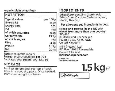 Generic 1.5kg (2 Pack) Organic Plain White Flour - Great for Making Perfect Cakes, Pizza Dough, Pastries, Batters