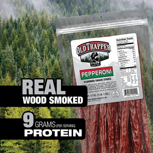 17-Ounce 9 150 (Pack Old Trapper Pepperoni Snack Sticks, Resealable Bag, Natural Wood Smoked Meat Sticks, Grams