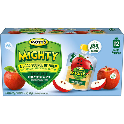 3.2 Oz 48 Count (4 Packs 12), Mott's Mighty Honeycrisp Apple Applesauce, Clear Pouches, of No Sugar Added, Good Source