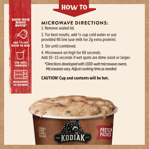 2.36 Oz (Pack 12) Kodiak Cakes Minute Muffins, Cinnamon Roll