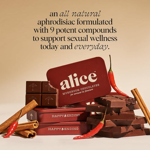 Alice Mushrooms Happy Ending | Sensual Mushroom Chocolates | Improves Mood, Performance, Vitality, Energy
